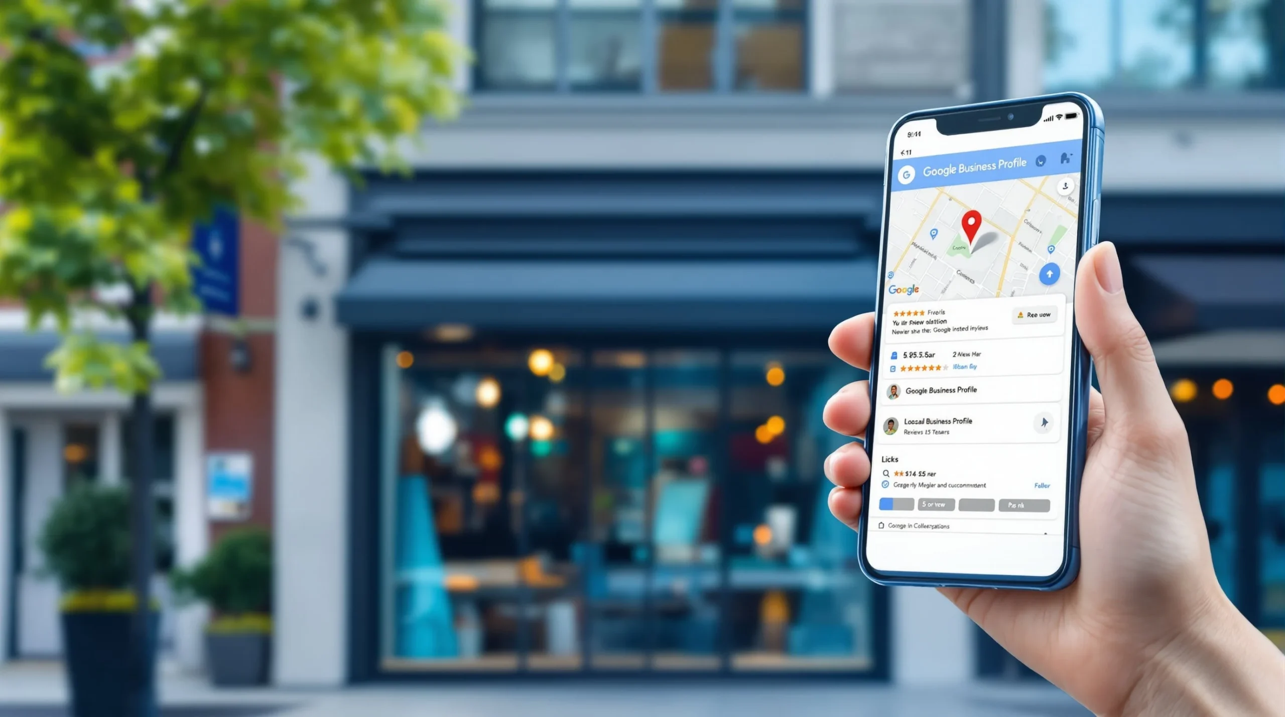 Smartphone zeigt Google Business Profil einer lokalen Filiale – KI-Automatisierung und Google Optimierung von VadoxDigital